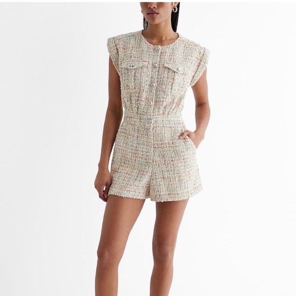 Express tweed sequin button front utility romper Size 6 NEW sparkle one piece - Picture 1 of 15